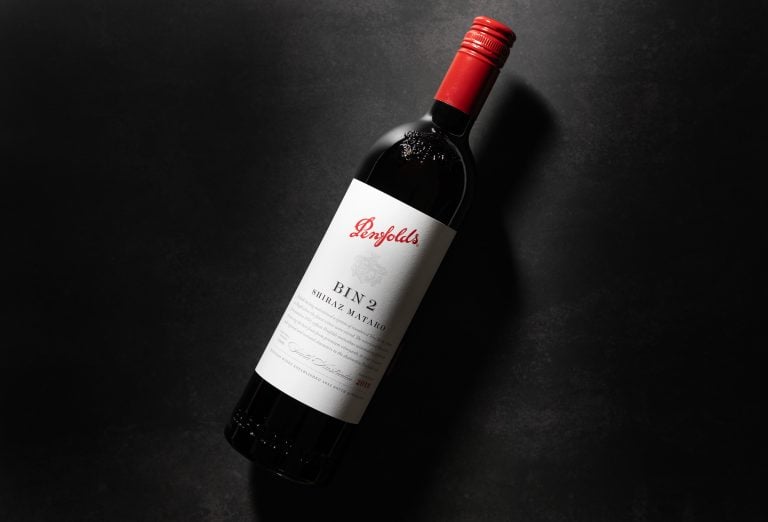 Penfolds Bin 2 Shiraz Mataro 2018 bottle on dark slate background