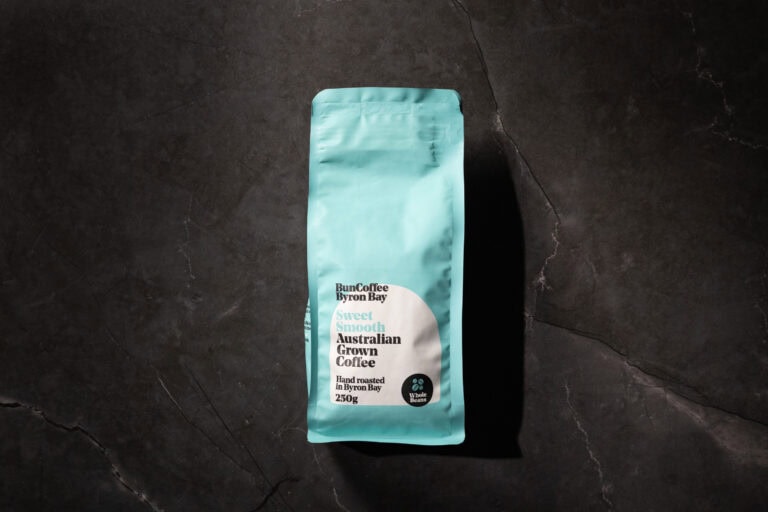 BunCoffee Australian Grown coffee bag on black marble background