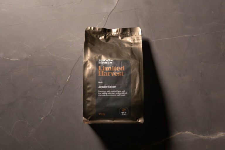 BunCoffee Byron Bay Haiti Zombie Desert Limited Harvest bag on grey slate background