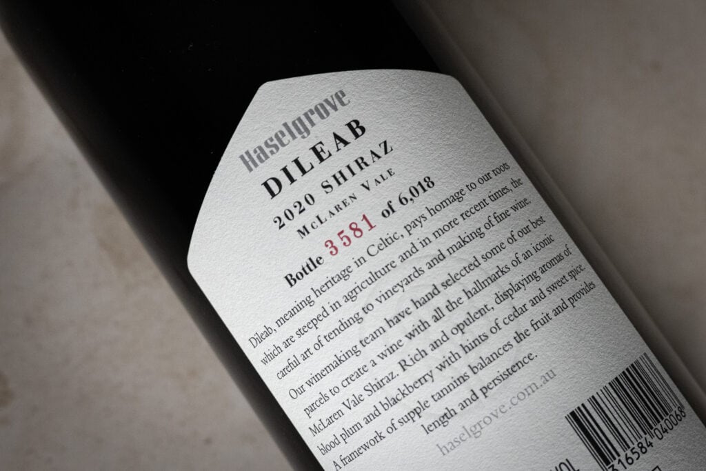 Close-up of Haselgrove Dileab Shiraz 2020 showing bottle number 3581 of 6018.