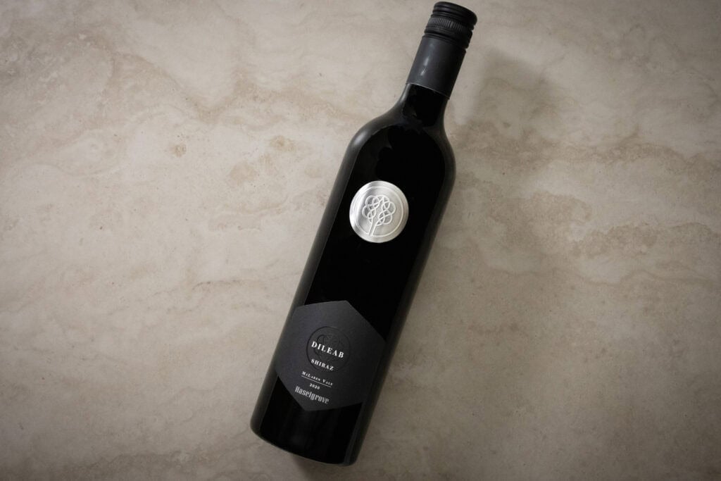Haselgrove Dileab Shiraz 2020 bottle photographed on marble background.