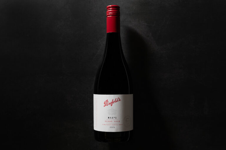 Penfolds Max’s Pinot Noir 2023 bottle on a dark textured background with red cap and white label