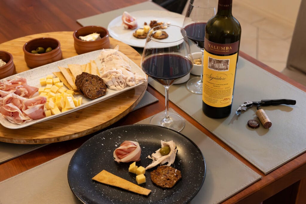Yalumba The Signature Cabernet Sauvignon Shiraz served at lunch with cheese and roast chicken