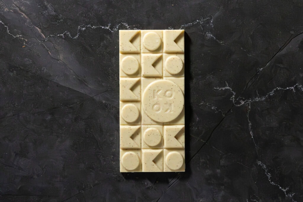 Top view of Koko Black Pink Salted Vanilla white chocolate bar