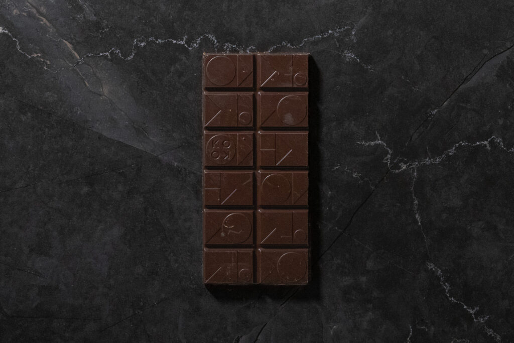 Top view of Koko Black Pistachio Ganachio dark chocolate bar
