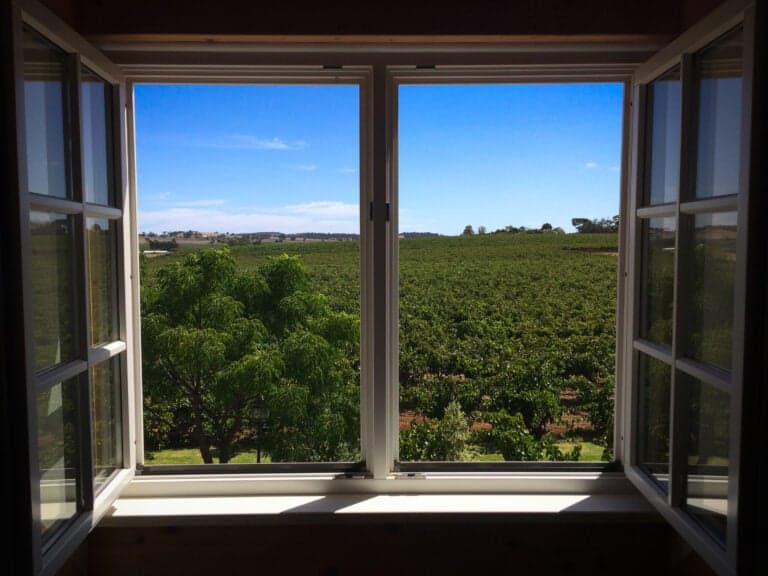 View of Barossa Valley vineyards through an open window