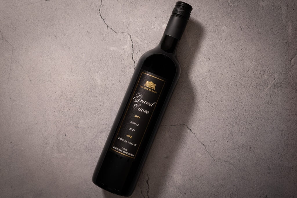 Château Yaldara Grand Cuvée Shiraz 2022 bottle on stone surface