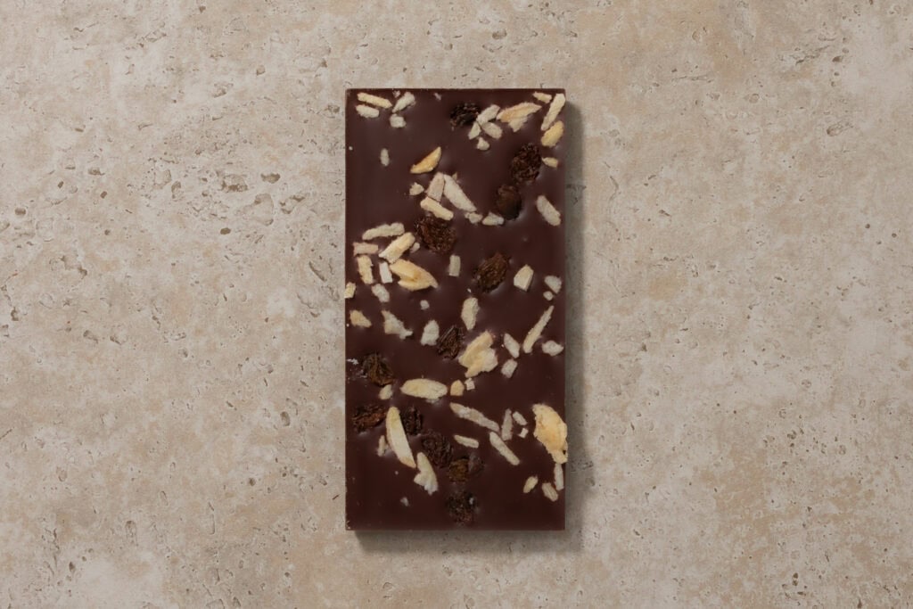 Zokoko Almond & Raisin 70% dark chocolate bar showing almond slivers and raisins