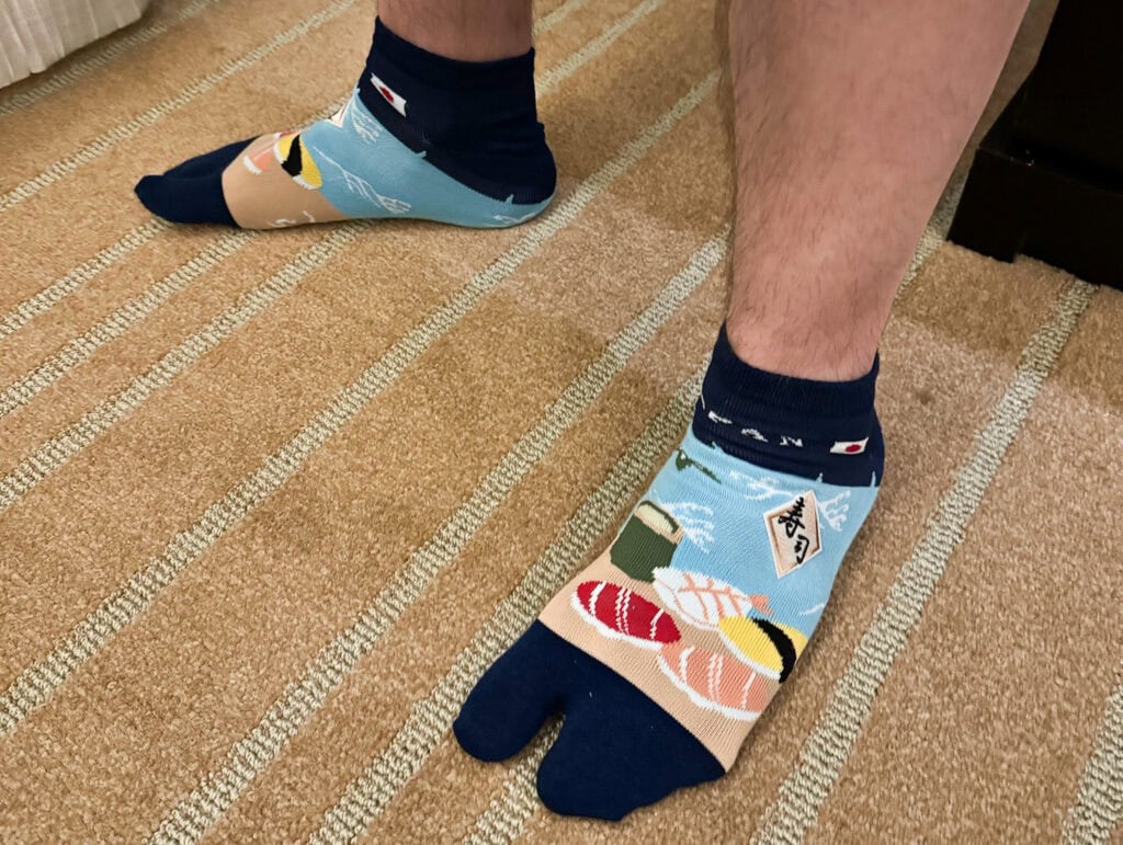 Japanese split-toe tabi socks with sushi design purchased at MEGA Don Quijote Tokyo