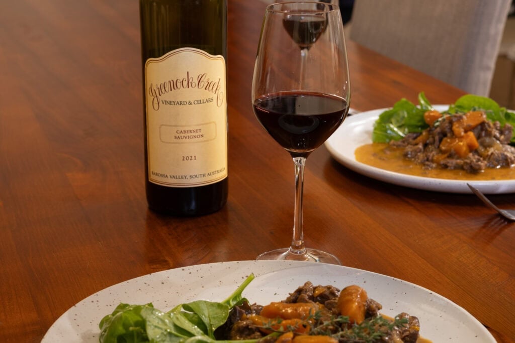 Greenock Creek Cabernet Sauvignon 2021 with venison stew and greens