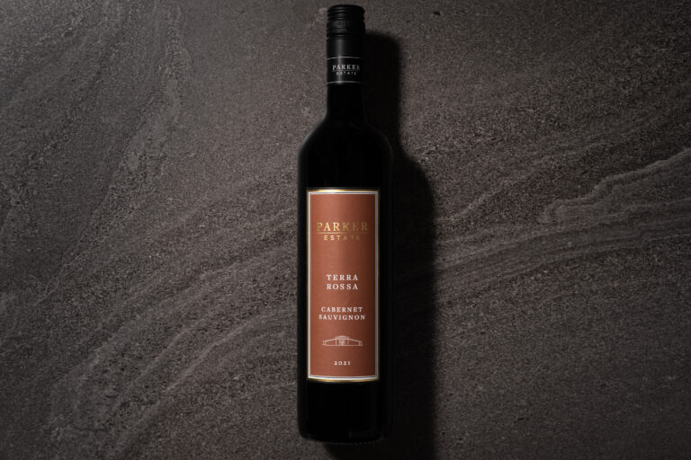 Parker Estate Terra Rossa Cabernet Sauvignon 2021 bottle on stone surface