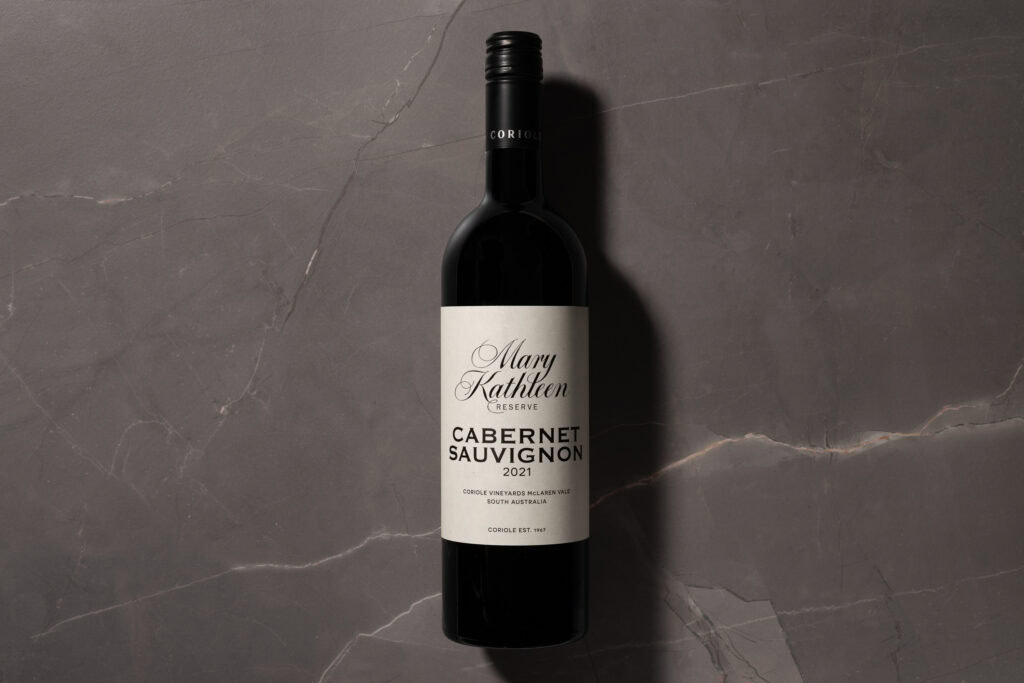 Coriole Mary Kathleen Reserve Cabernet Sauvignon 2021 bottle against dark stone background