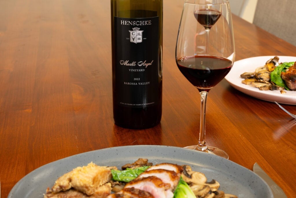 Henschke Marble Angel Vineyard Cabernet Sauvignon 2022 served with pan-fried duck breast and mushrooms