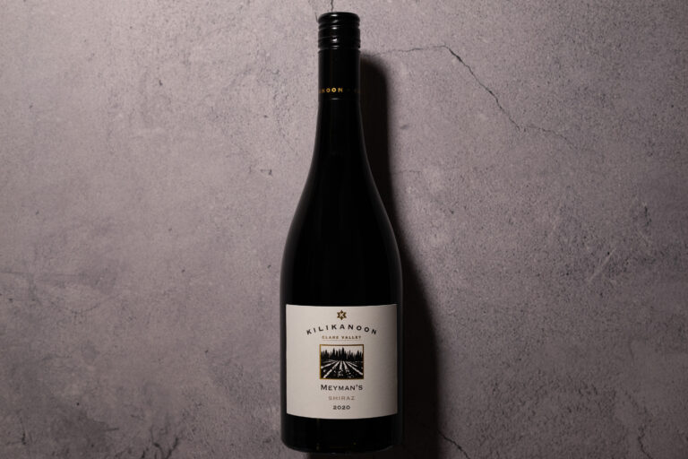Bottle of Kilikanoon Meyman’s Shiraz 2020 against a grey stone backdrop