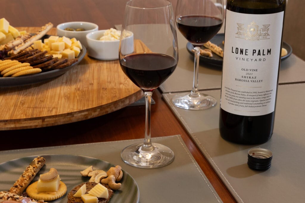 Lone Palm Old Vine Shiraz 2023 with cheese and food pairing table