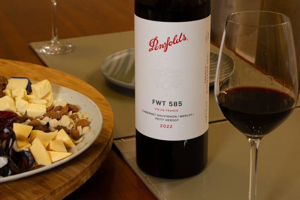 Penfolds FWT 585 Cabernet Sauvignon Merlot Petit Verdot 2022 served with cheese and charcuterie