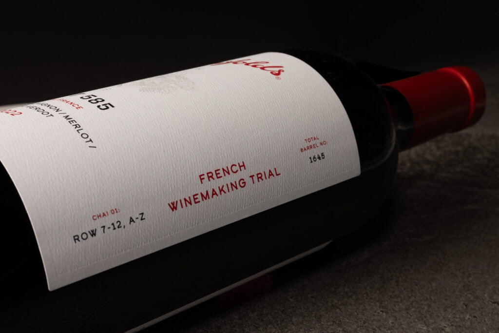 Close-up of the Penfolds FWT 585 French Winemaking Trial label showing barrel and chai details