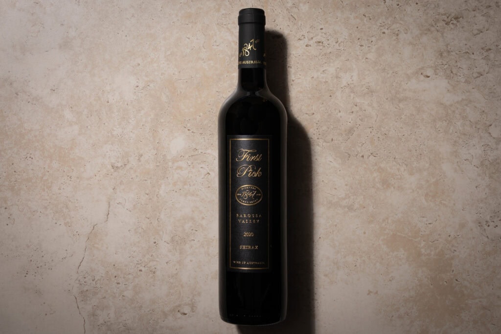 1847 First Pick Shiraz 2020 bottle photographed against a stone background