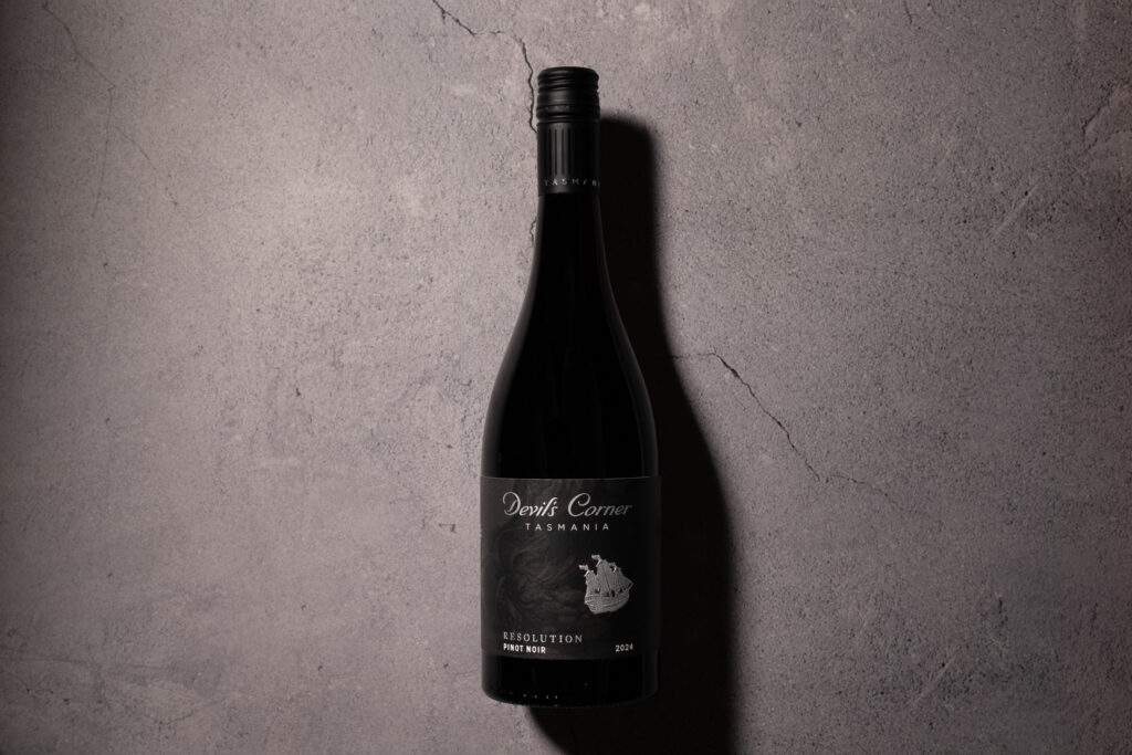 Devil’s Corner Resolution Pinot Noir 2024 bottle photographed against a grey stone background