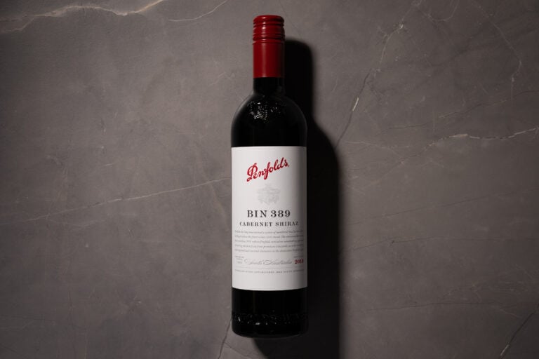 Penfolds Bin 389 Cabernet Shiraz 2018 bottle photographed on a dark stone surface