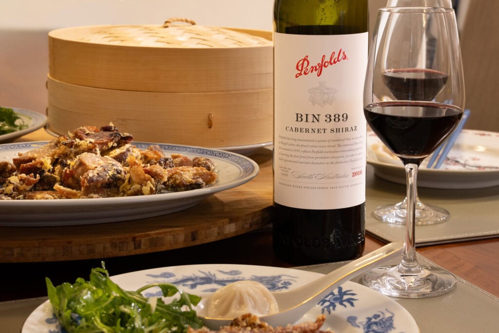 Penfolds Bin 389 Cabernet Shiraz 2018 paired with crispy duck, xiaolongbao and rocket salad