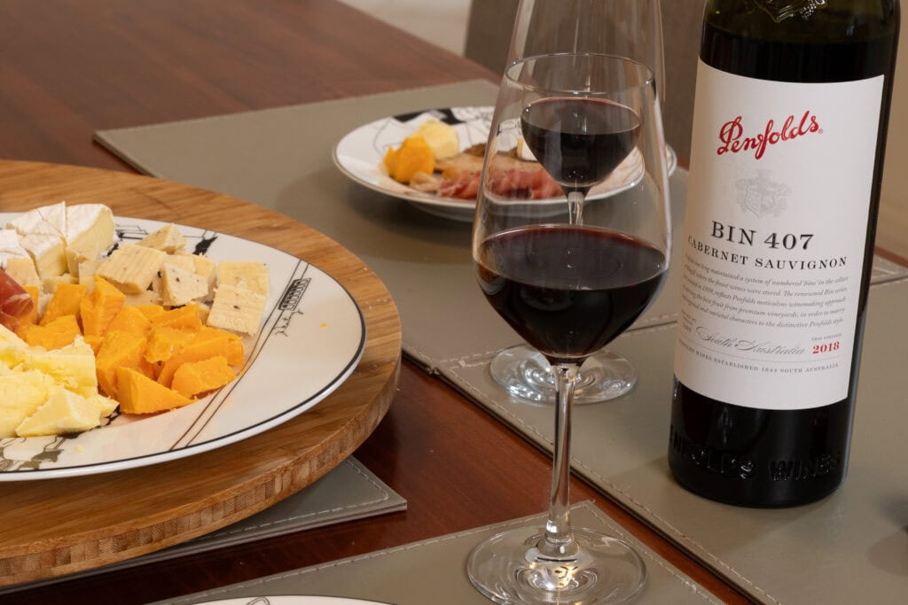 Penfolds Bin 407 Cabernet Sauvignon 2018 with a cheese and charcuterie pairing