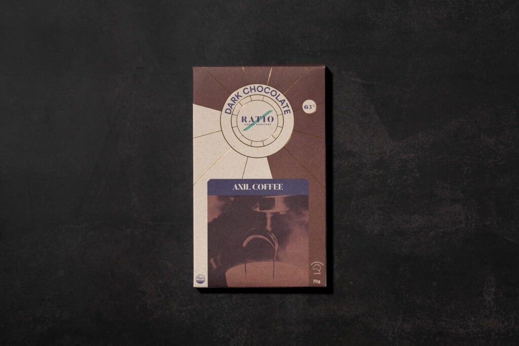 Ratio Axil Coffee Dark Chocolate 63% cacao chocolate bar in retail packaging on a dark background