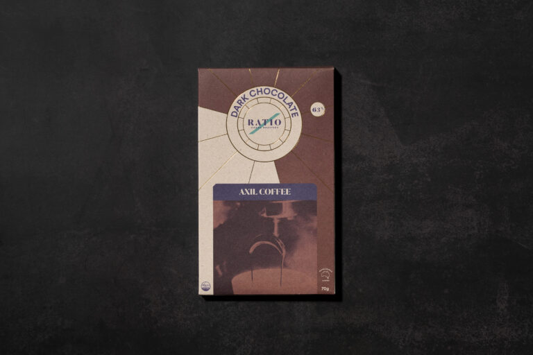 Ratio Axil Coffee Dark Chocolate 63% cacao chocolate bar in retail packaging on a dark background