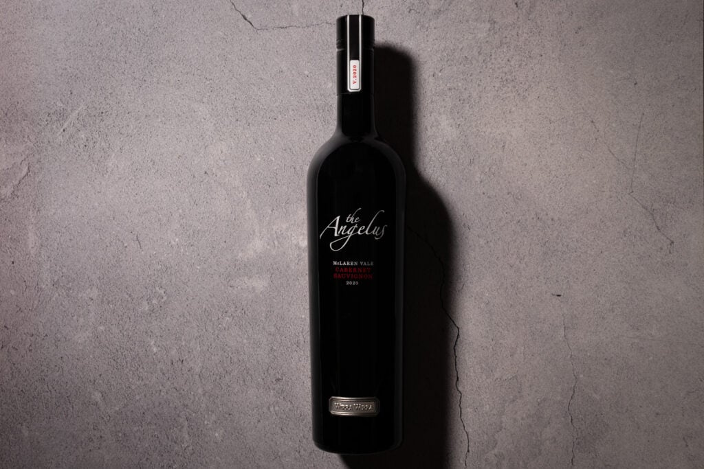 Wirra Wirra The Angelus Cabernet Sauvignon 2020 bottle photographed on a textured stone surface