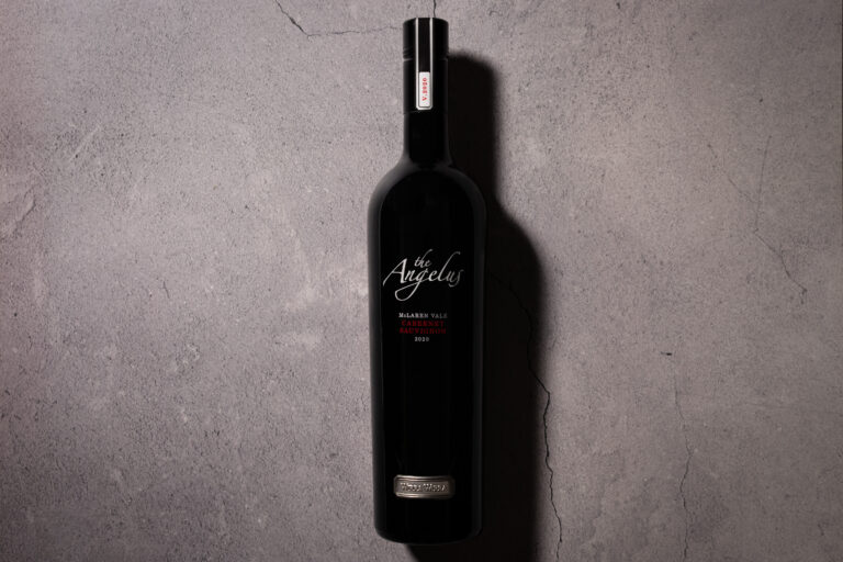 Wirra Wirra The Angelus Cabernet Sauvignon 2020 bottle photographed on a textured stone surface
