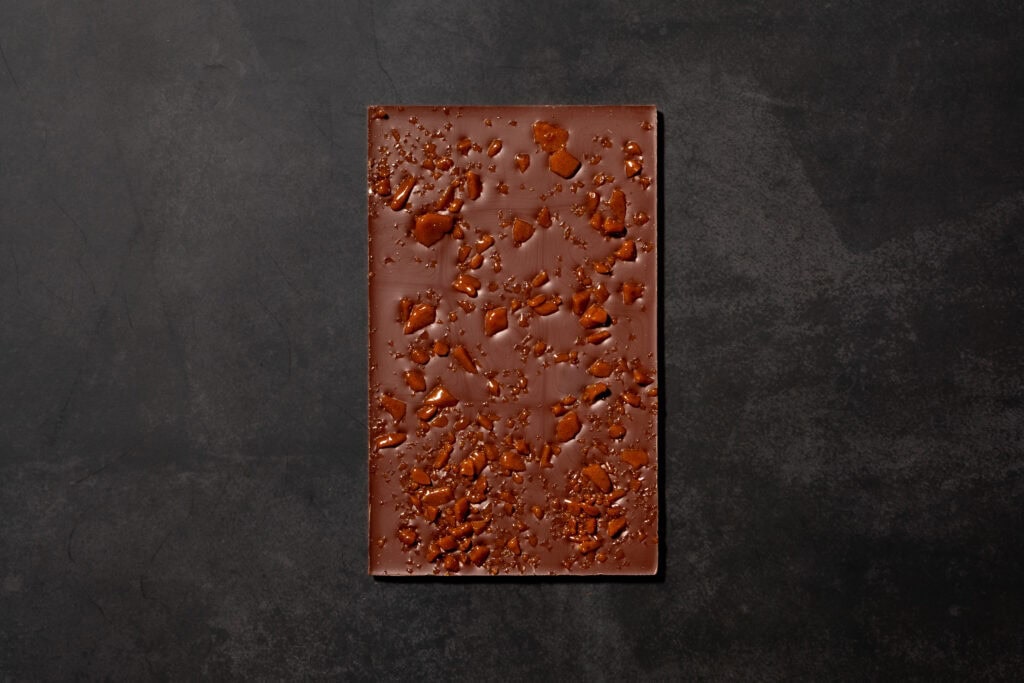 Ratio Cocoa Roasters Salted Caramel Milk Chocolate bar with crisp caramel pieces