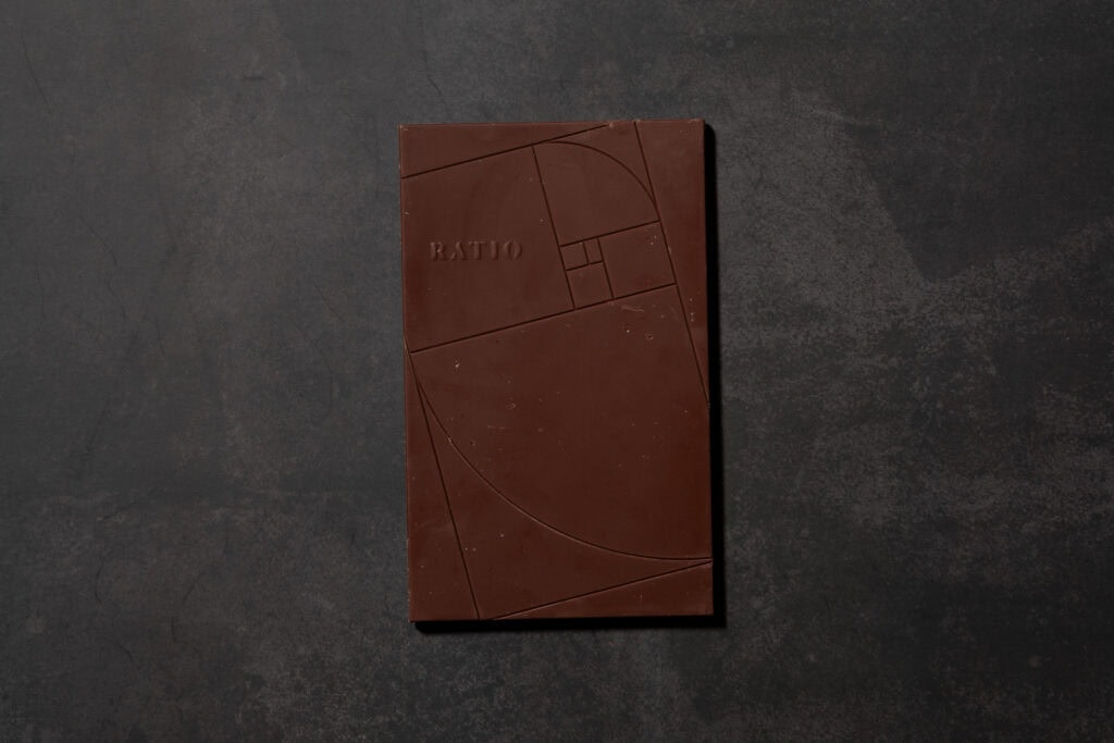 Reverse side of Ratio Cocoa Roasters Salted Caramel Milk Chocolate showing geometric mould design