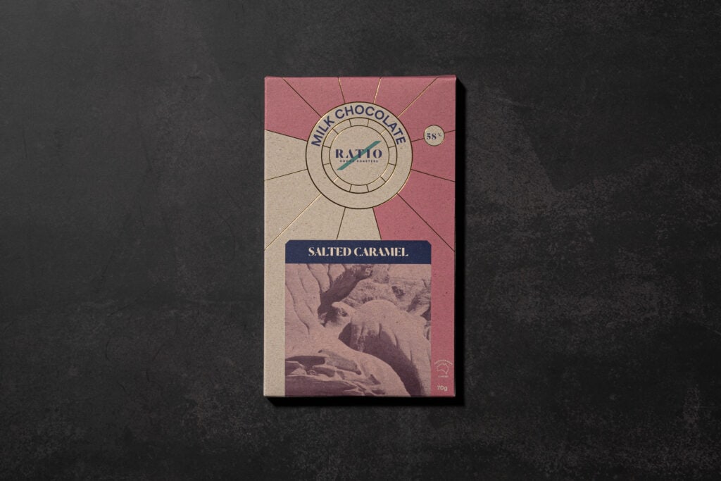 Ratio Cocoa Roasters Salted Caramel Milk Chocolate 58% packaging