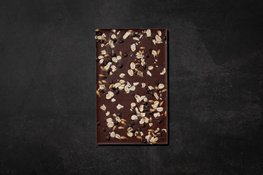 Ratio The Beer Bar dark chocolate with rolled oats and malted barley inclusions.