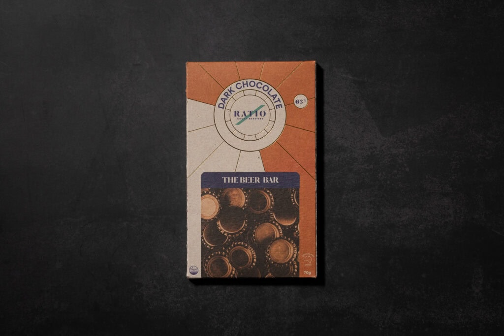 Ratio The Beer Bar 63% Dark Chocolate packaging by Ratio Cocoa Roasters.