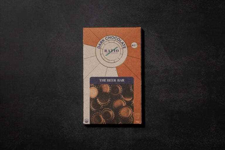 Ratio The Beer Bar 63% Dark Chocolate packaging by Ratio Cocoa Roasters.