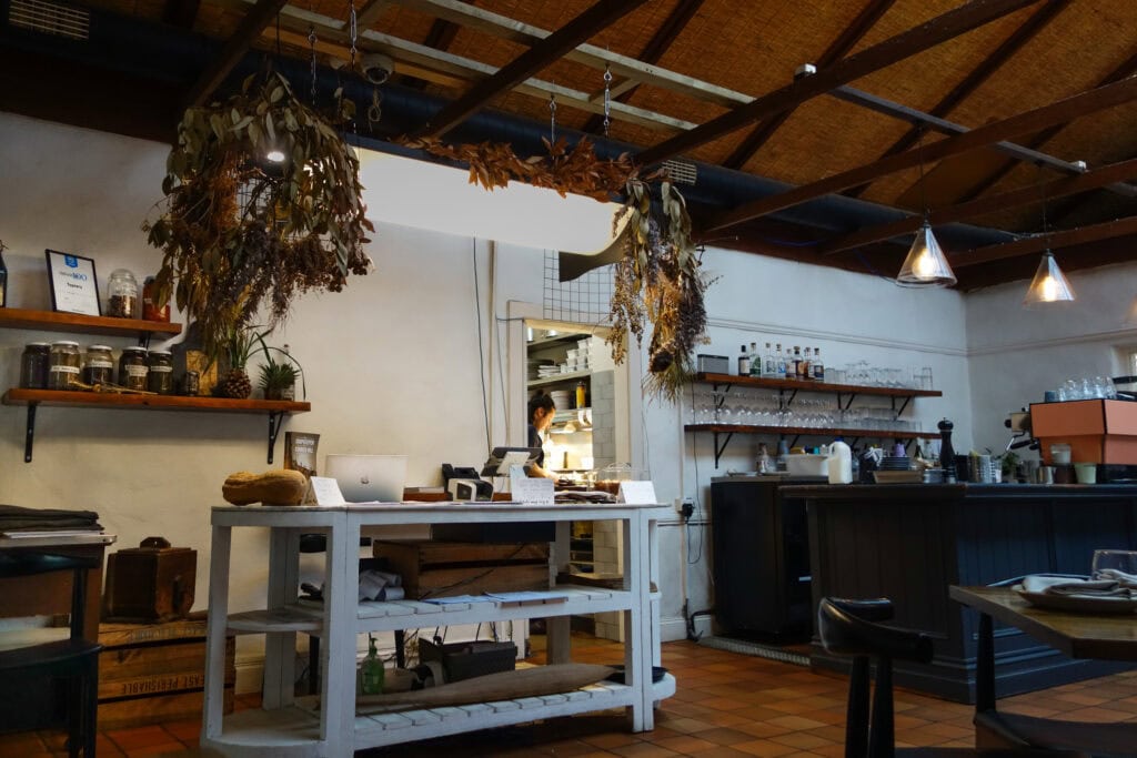 Open kitchen and service area inside Topiary Restaurant
